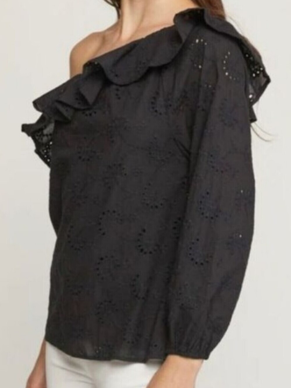 Entro Black Eyelet Ruffle Off Shoulder One Sleeve Top
